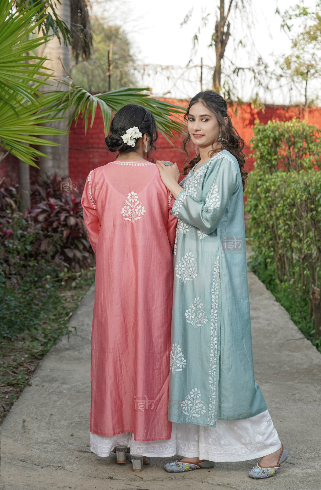 Falak Premium Chanderi Long Chikankari Kurti - coral-red