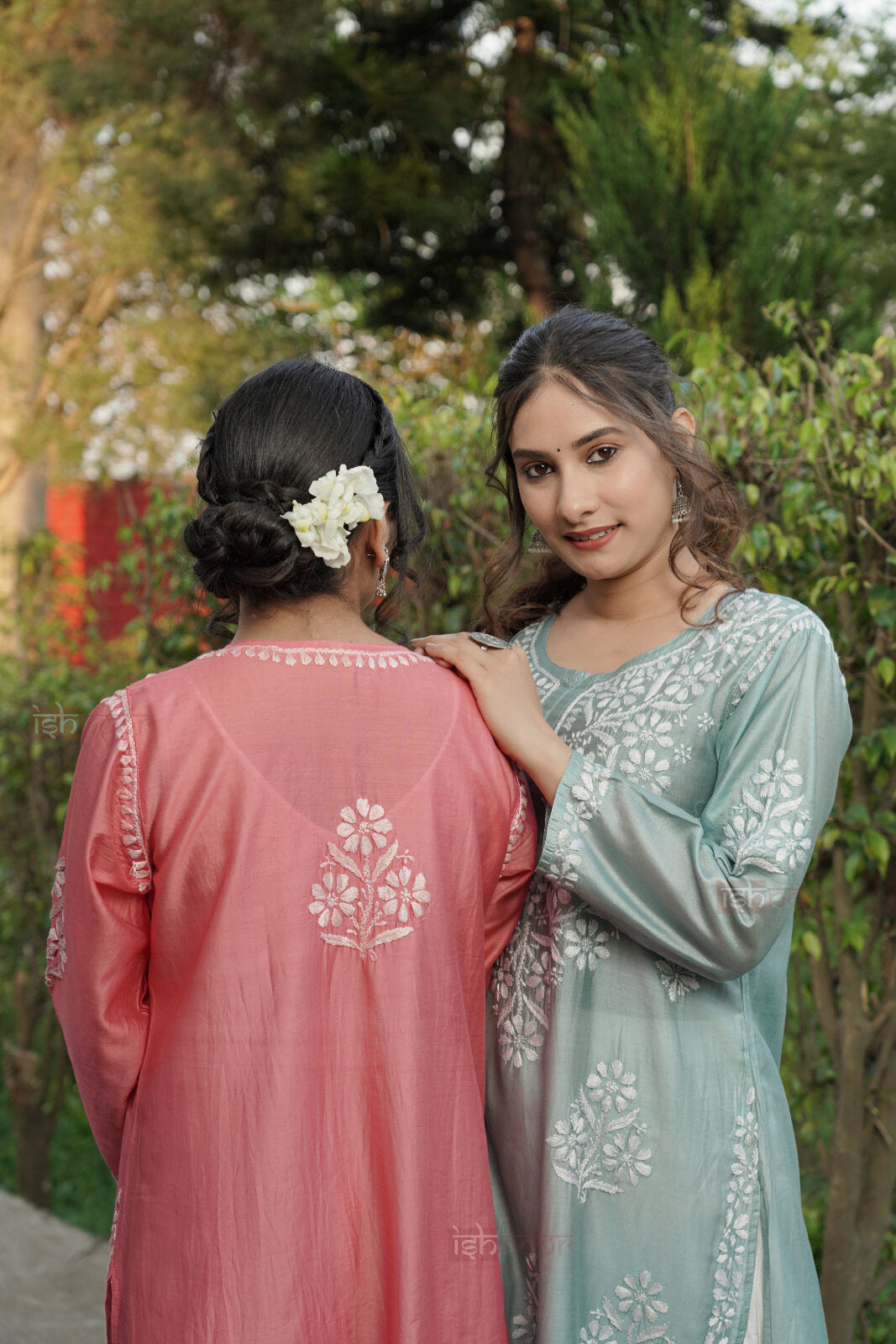 Falak Premium Chanderi Long Chikankari Kurti - coral-red