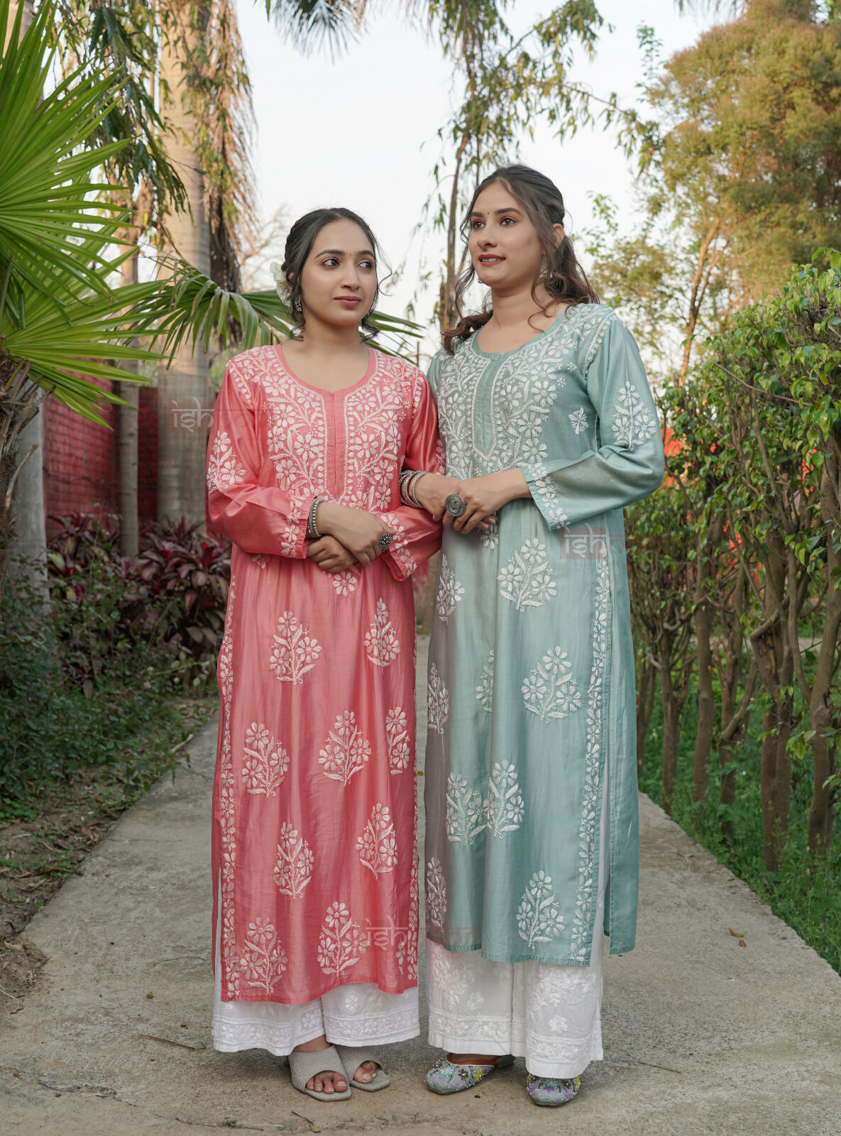 Falak Premium Chanderi Long Chikankari Kurti - coral-red