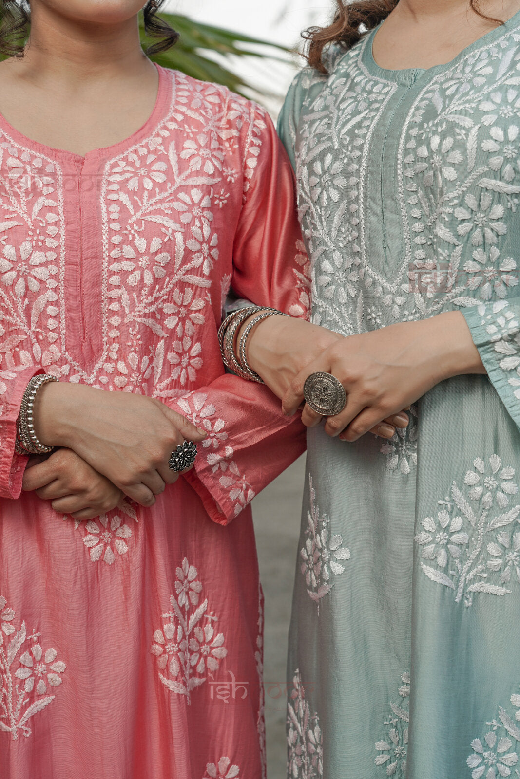 Falak Premium Chanderi Long Chikankari Kurti - coral-red