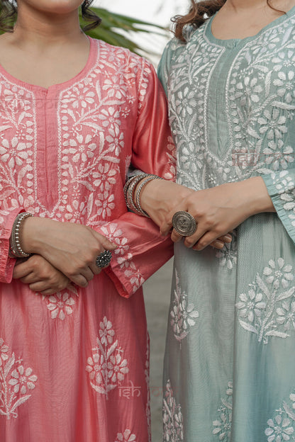Falak Premium Chanderi Long Chikankari Kurti - coral-red