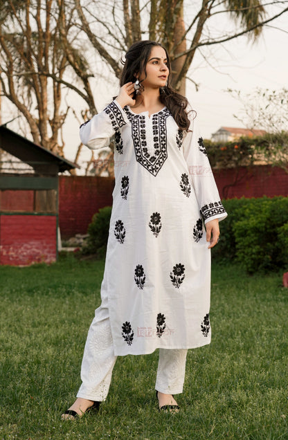 Falak Mul Cotton Long Chikankari Kurti - black