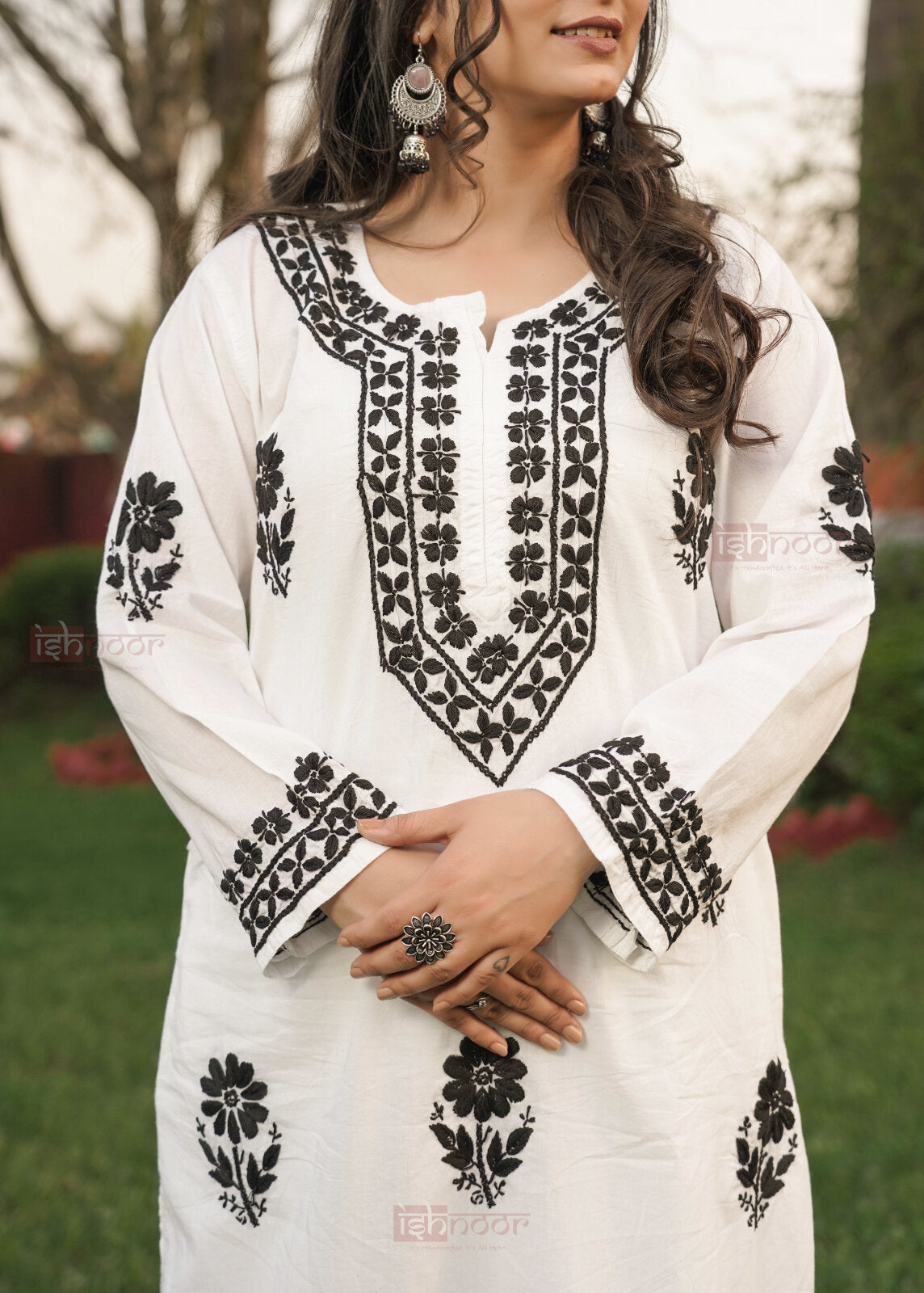Falak Mul Cotton Long Chikankari Kurti - black