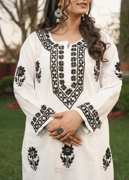 Falak Mul Cotton Long Chikankari Kurti - black