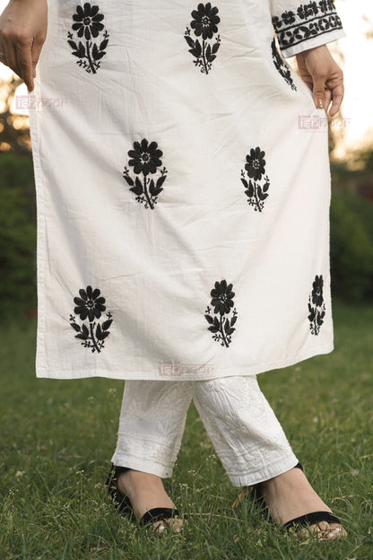 Falak Mul Cotton Long Chikankari Kurti - black