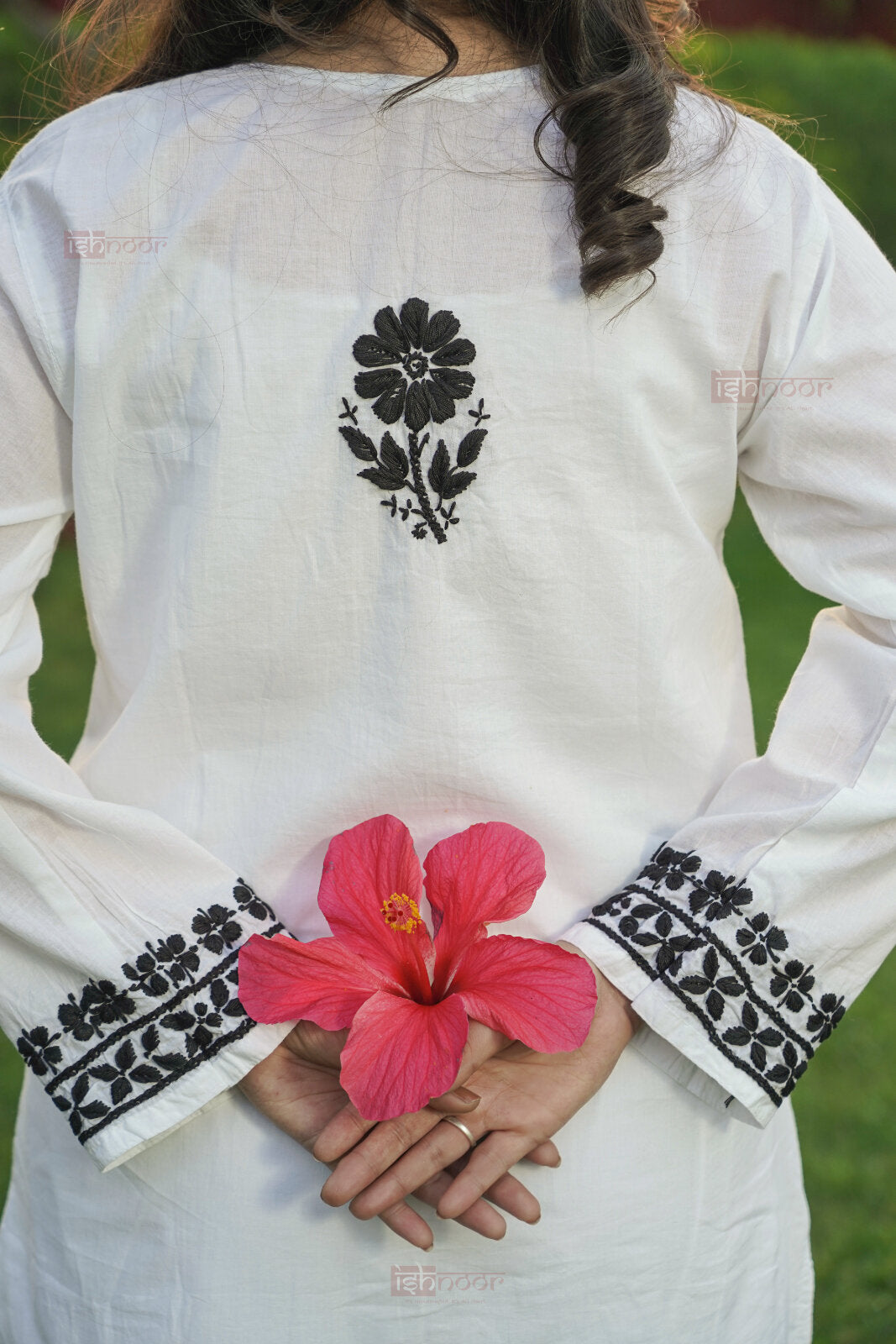 Falak Mul Cotton Long Chikankari Kurti - black