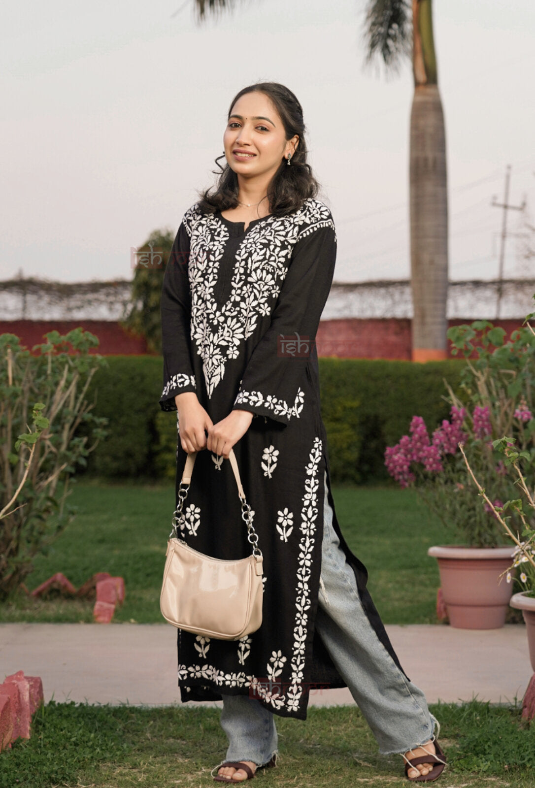 Falak Premium Rayon Long Chikankari Kurti - black