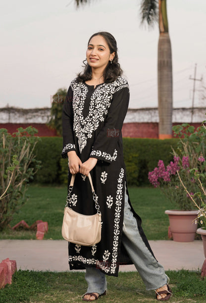 Falak Premium Rayon Long Chikankari Kurti - black