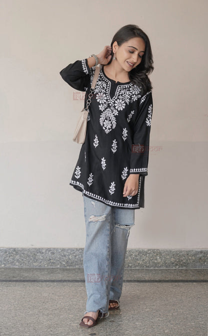 Falak Rayon Short Chikankari Kurti - black