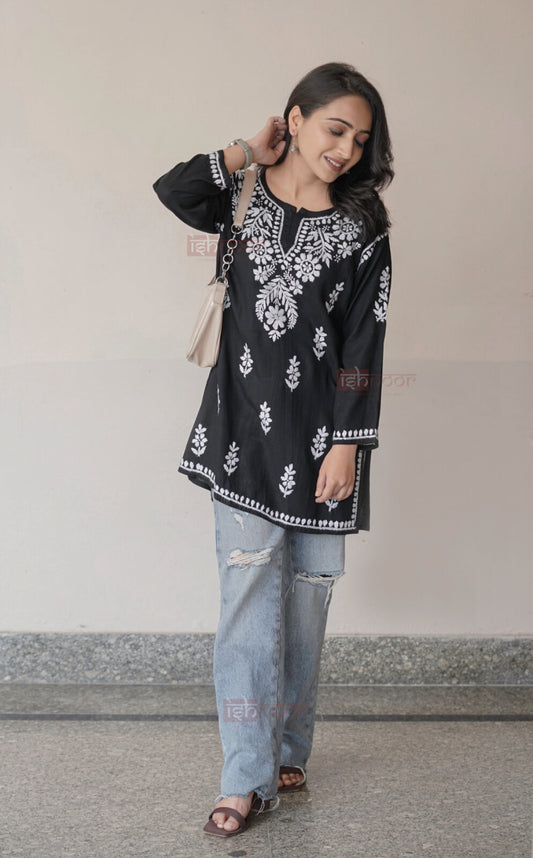 Falak Rayon Short Chikankari Kurti - black