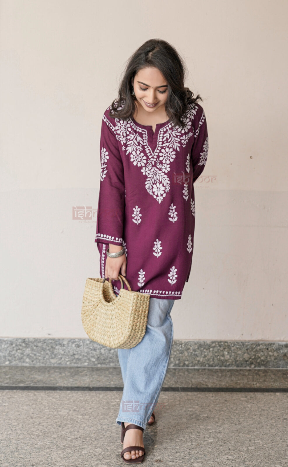 Falak Rayon Short Chikankari Kurti - maroon