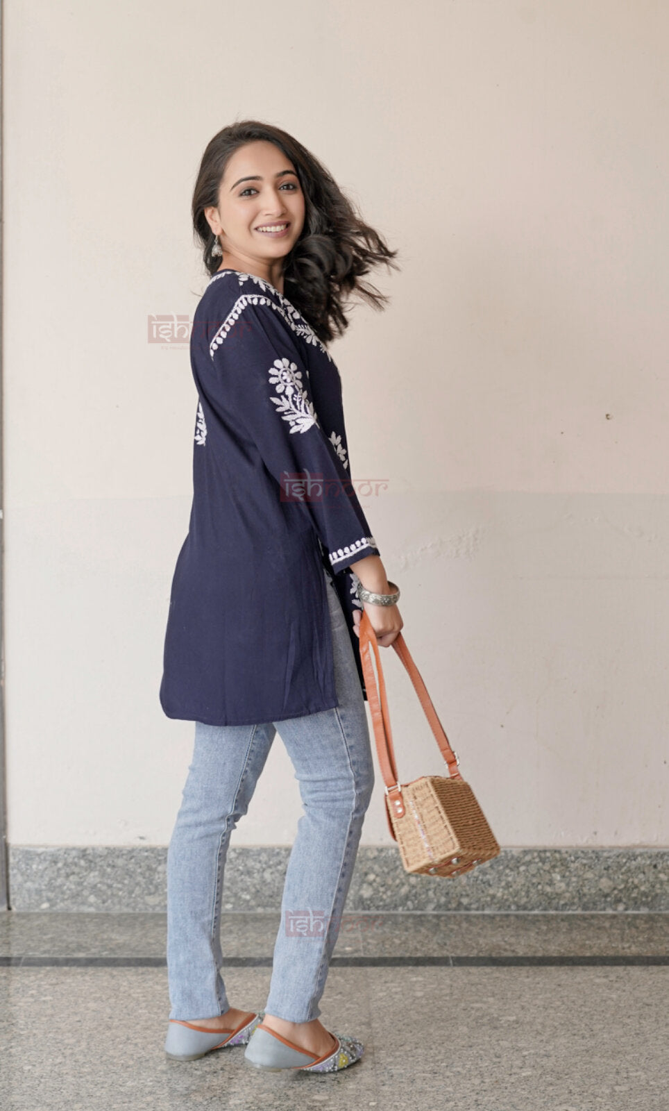 Falak Rayon Short Chikankari Kurti - navy-blue