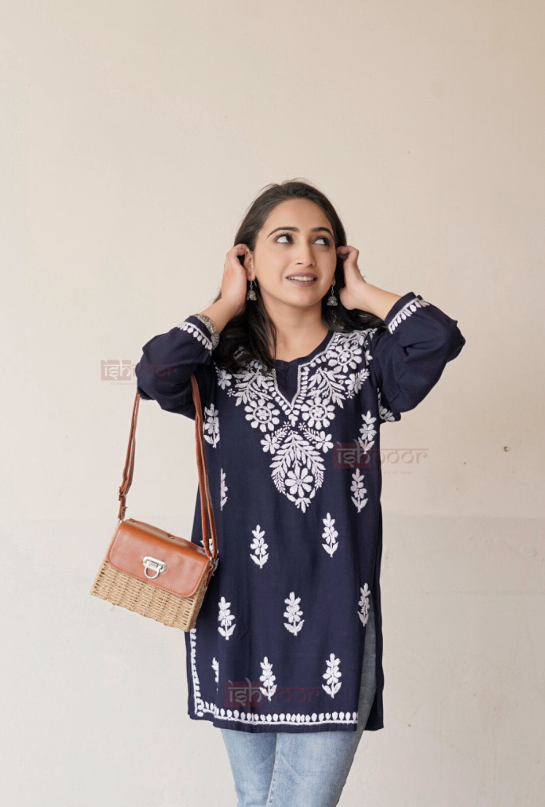 Falak Rayon Short Chikankari Kurti - navy-blue