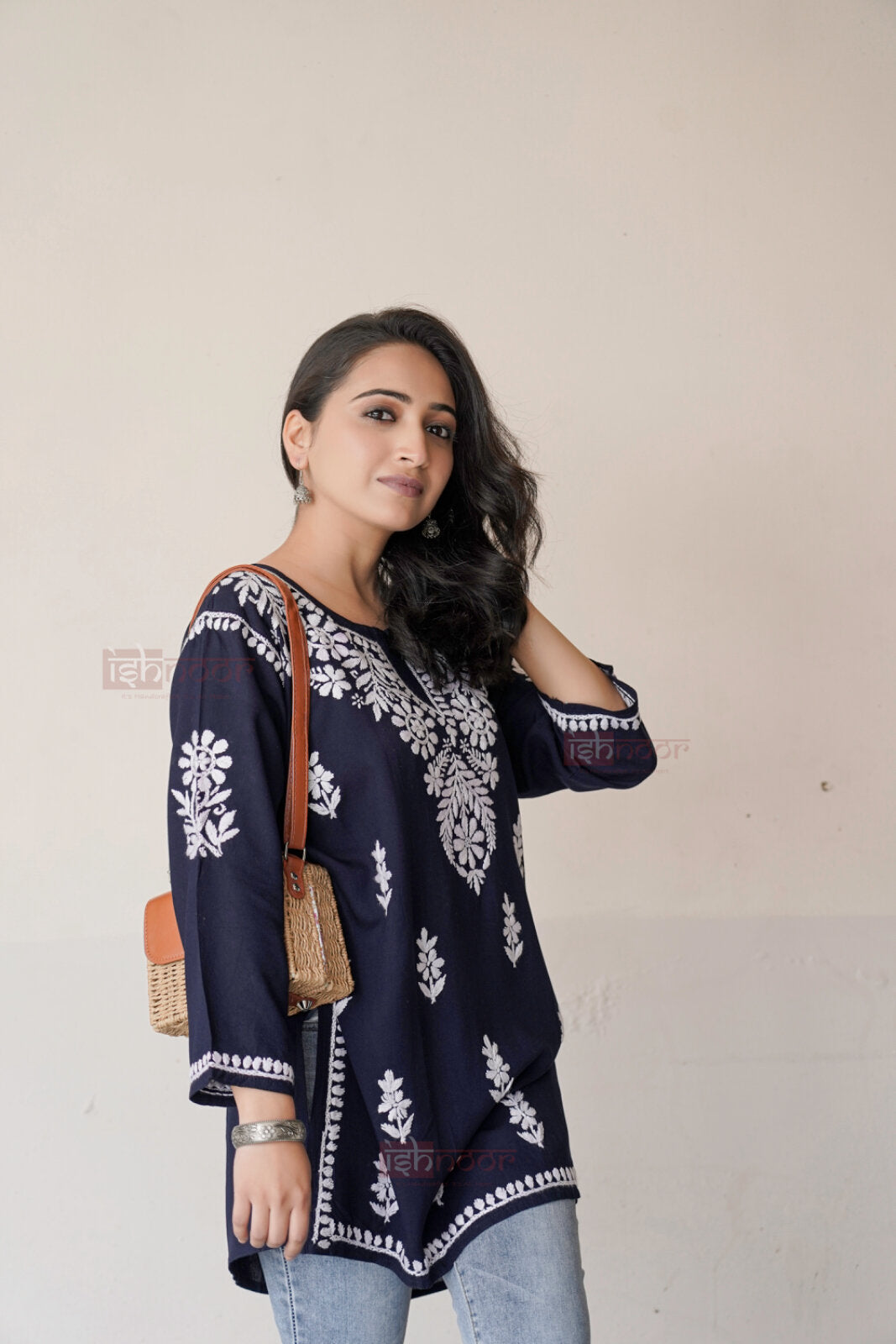 Falak Rayon Short Chikankari Kurti - navy-blue
