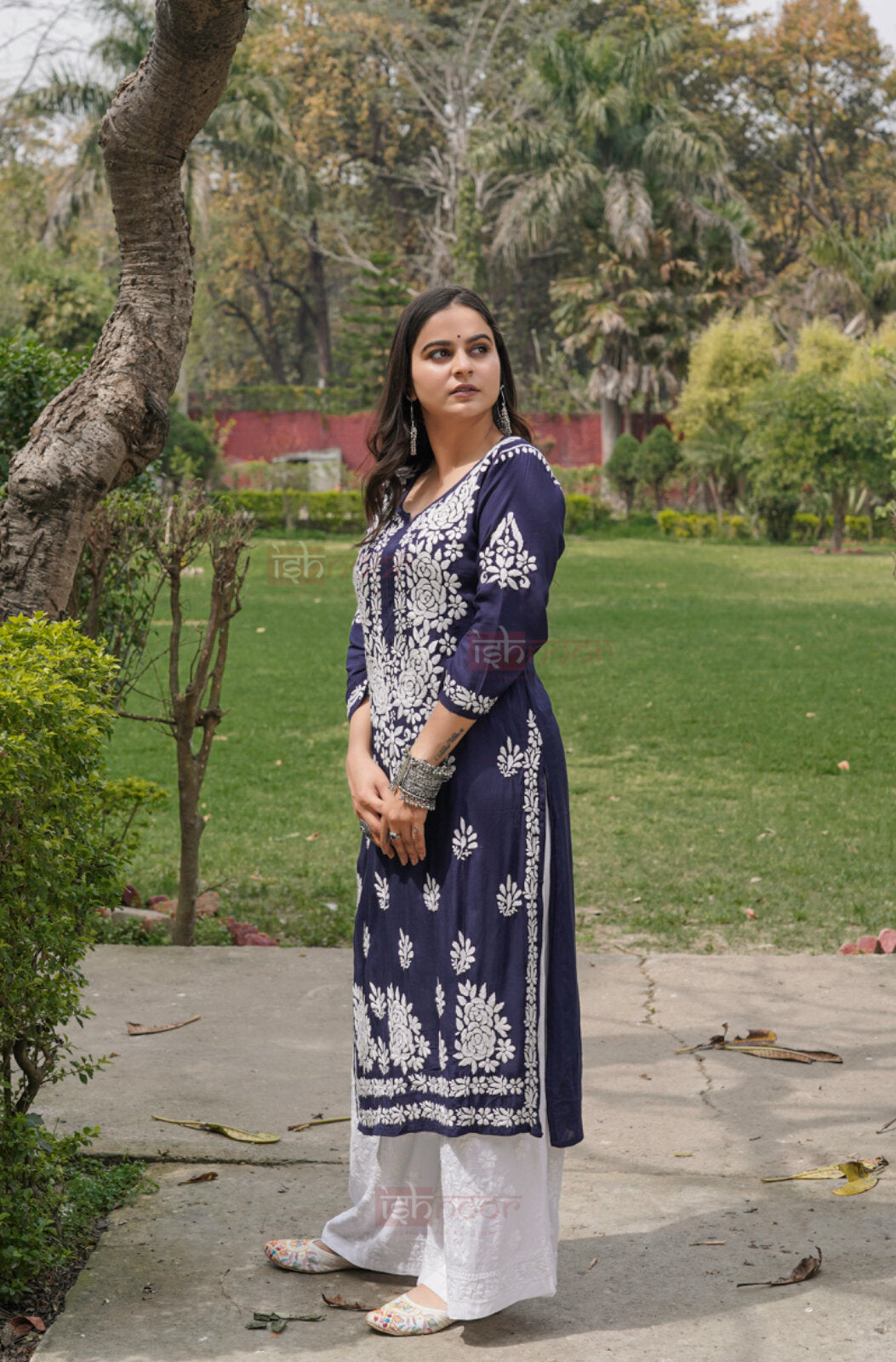 Falak Premium Modal Chikankari Long Kurti - navy-blue