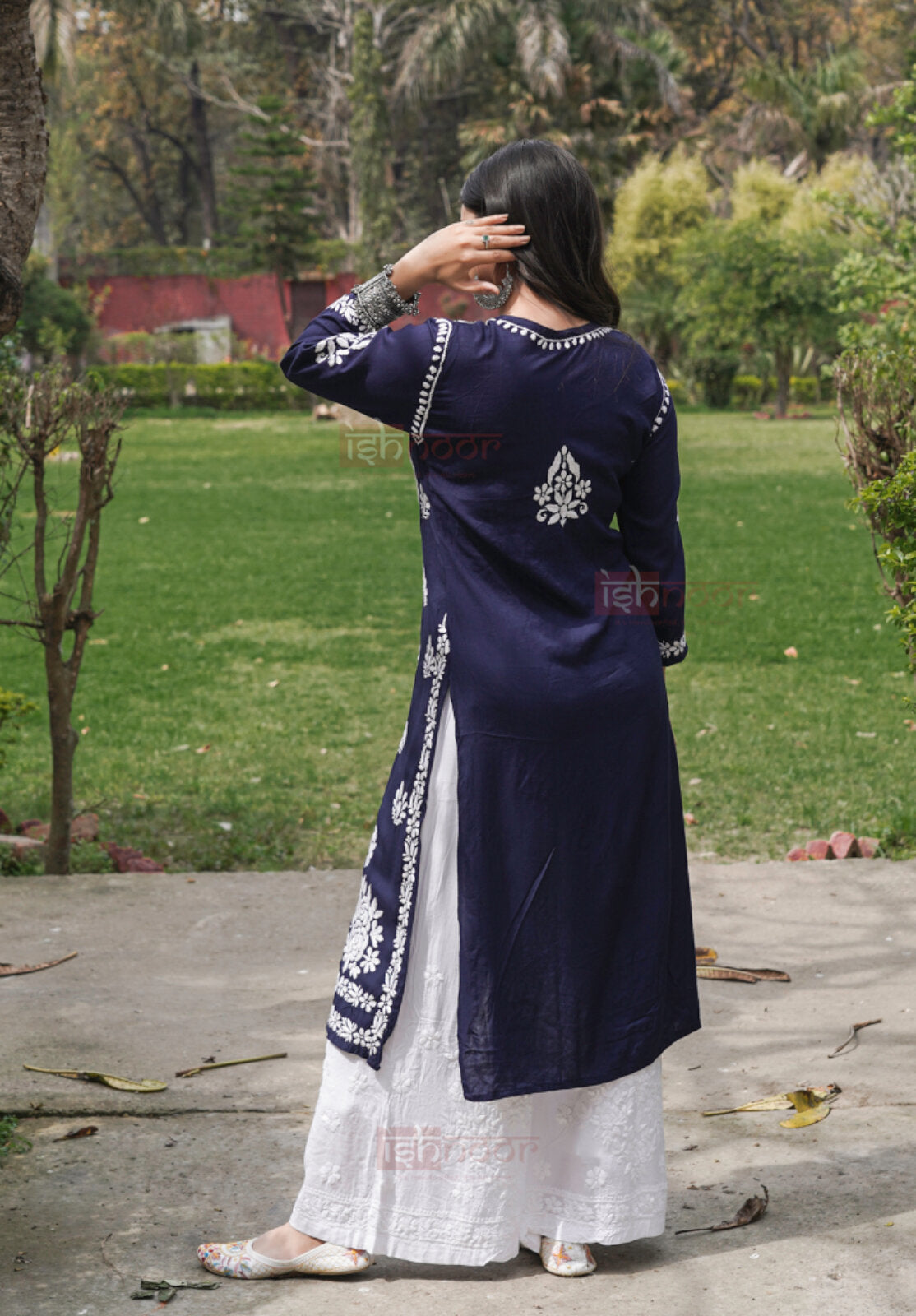 Falak Premium Modal Chikankari Long Kurti - navy-blue