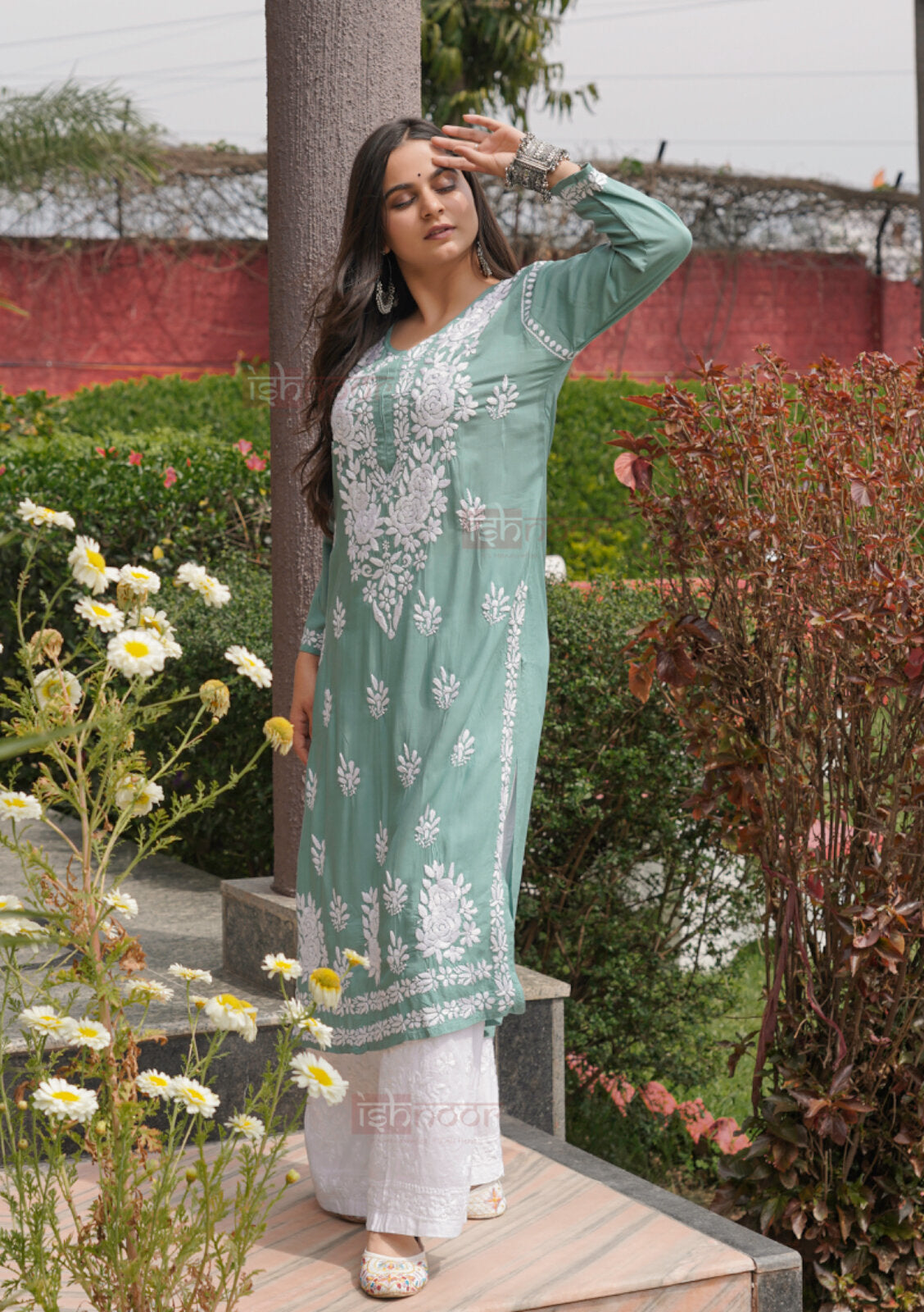 Falak Premium Modal Chikankari Long Kurti - mint-green