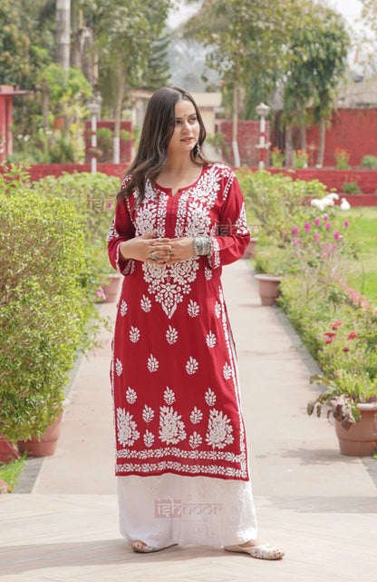 Falak Premium Modal Chikankari Long Kurti - deep-red