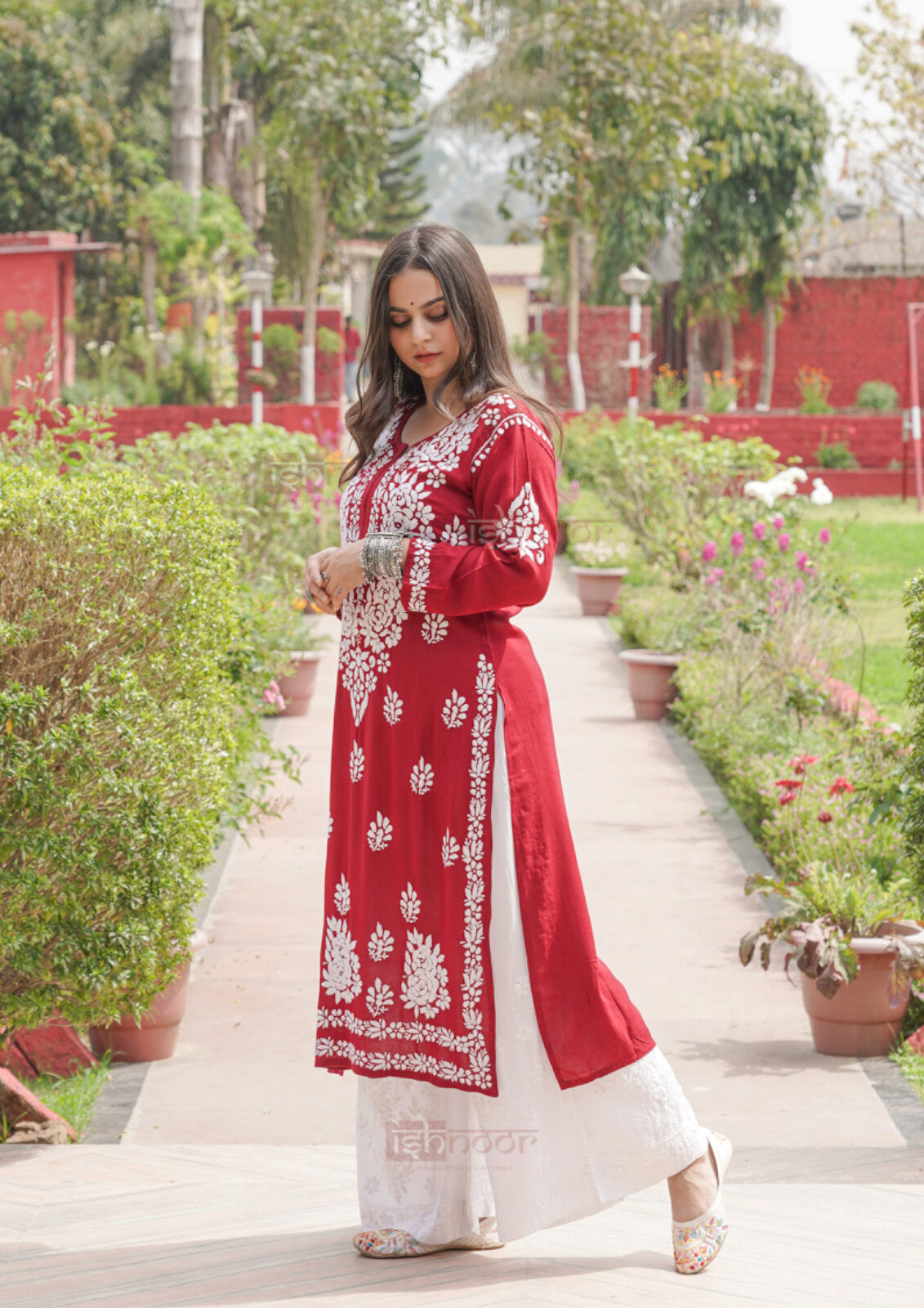 Falak Premium Modal Chikankari Long Kurti - deep-red