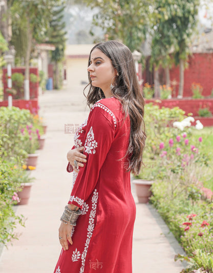 Falak Premium Modal Chikankari Long Kurti - deep-red