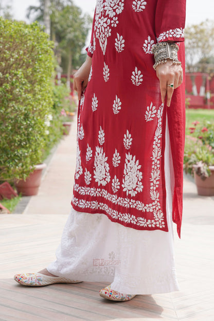 Falak Premium Modal Chikankari Long Kurti - deep-red