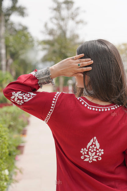 Falak Premium Modal Chikankari Long Kurti - deep-red