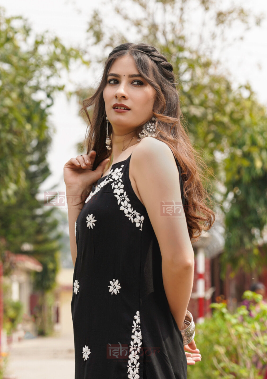 Falak Modal Chikankari Kurti & Pant Co-ord Set - black