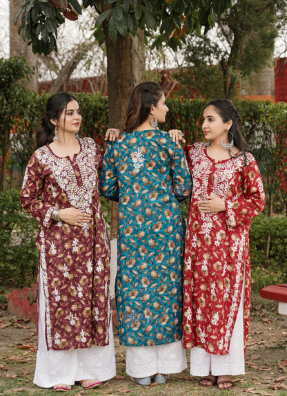 Falak Mul Cotton Long Chikankari Kurti 4 - maroon
