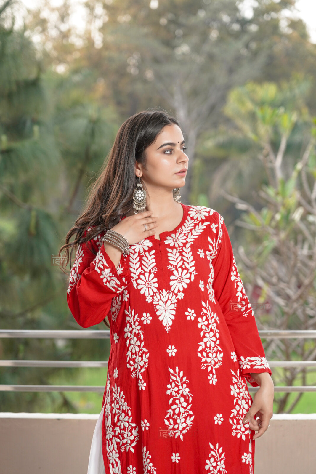 Falak Premium Modal Chikankari Long Kurti 2 - bright-red