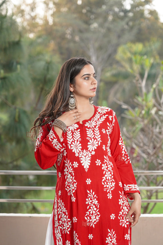 Falak Premium Modal Chikankari Long Kurti 2 - bright-red
