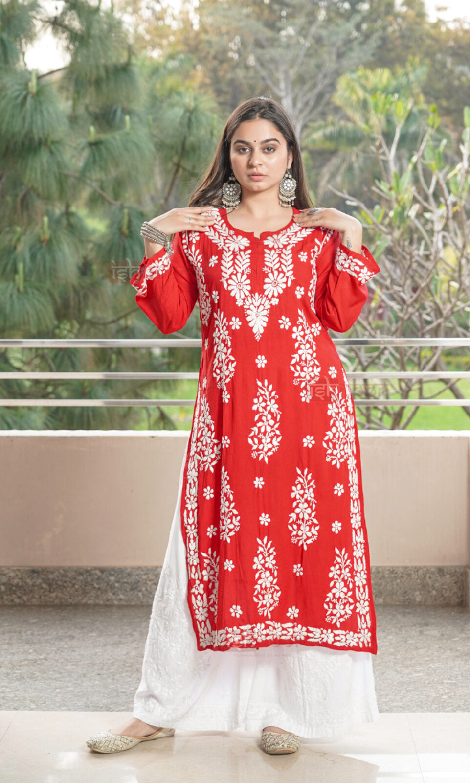 Falak Premium Modal Chikankari Long Kurti 2 - bright-red