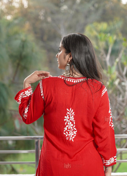 Falak Premium Modal Chikankari Long Kurti 2 - bright-red