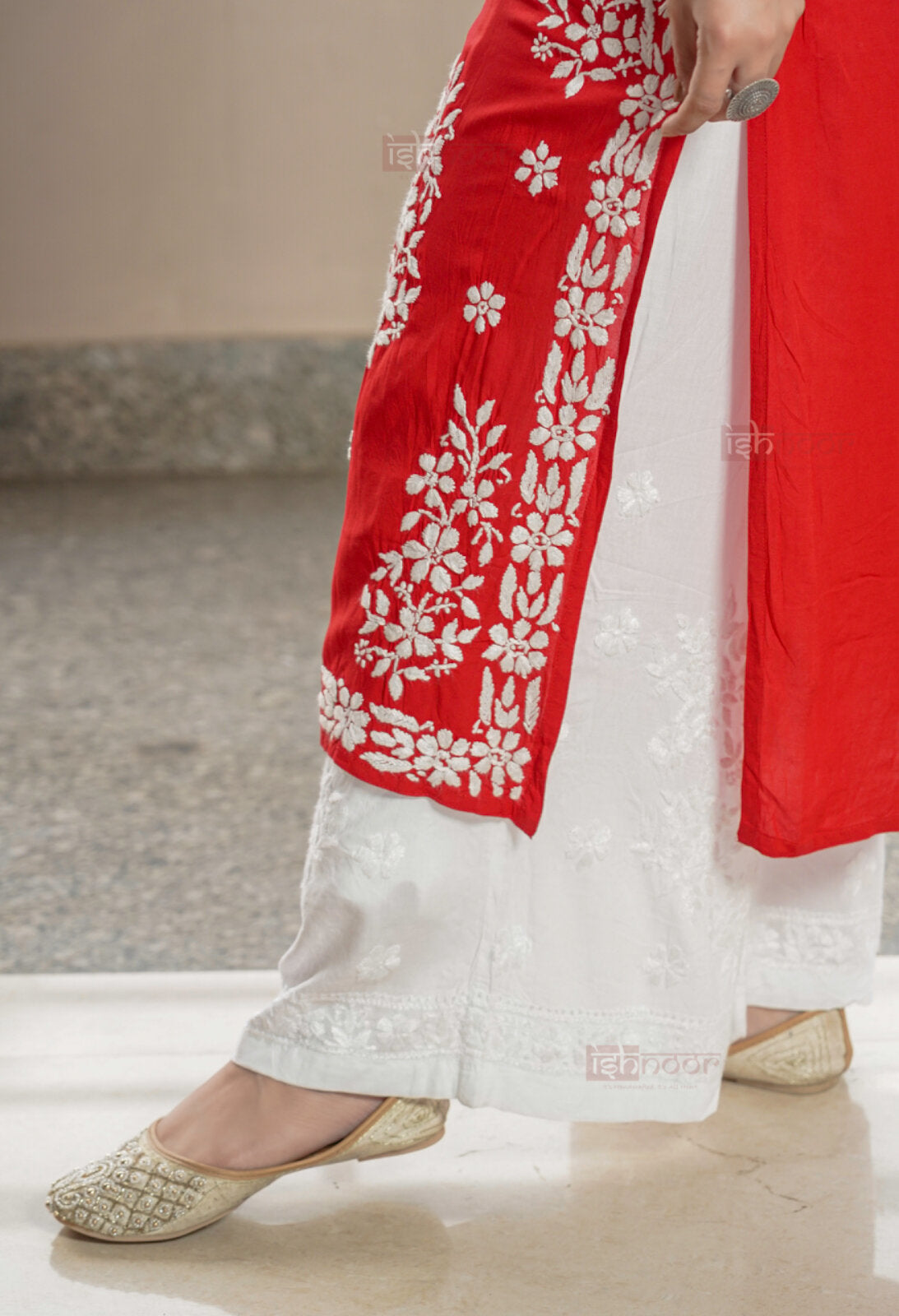 Falak Premium Modal Chikankari Long Kurti 2 - bright-red