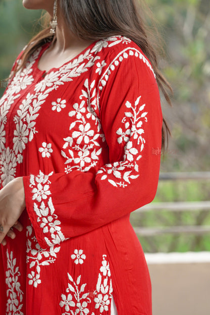 Falak Premium Modal Chikankari Long Kurti 2 - bright-red
