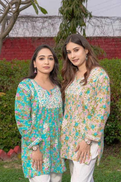 Falak Mul Cotton Short Chikankari Kurti - aqua-blue