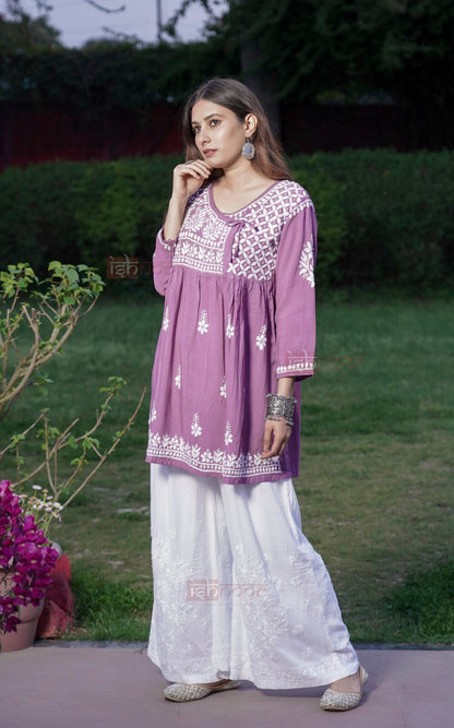 Falak Rayon Chikankari Angrakha Short Kurti 2 - orchid-purple