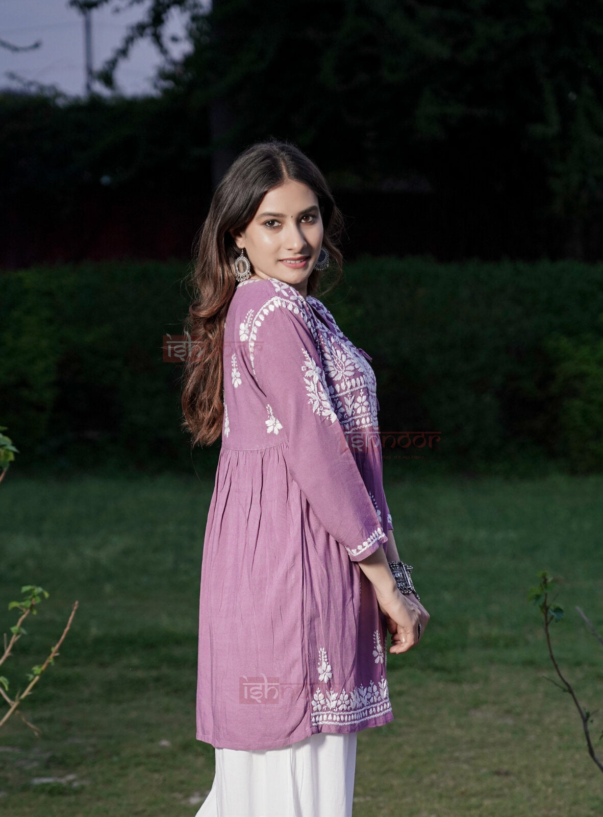 Falak Rayon Chikankari Angrakha Short Kurti 2 - orchid-purple