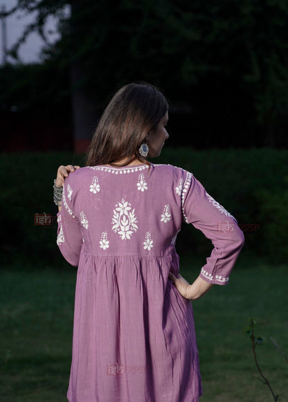 Falak Rayon Chikankari Angrakha Short Kurti 2 - orchid-purple