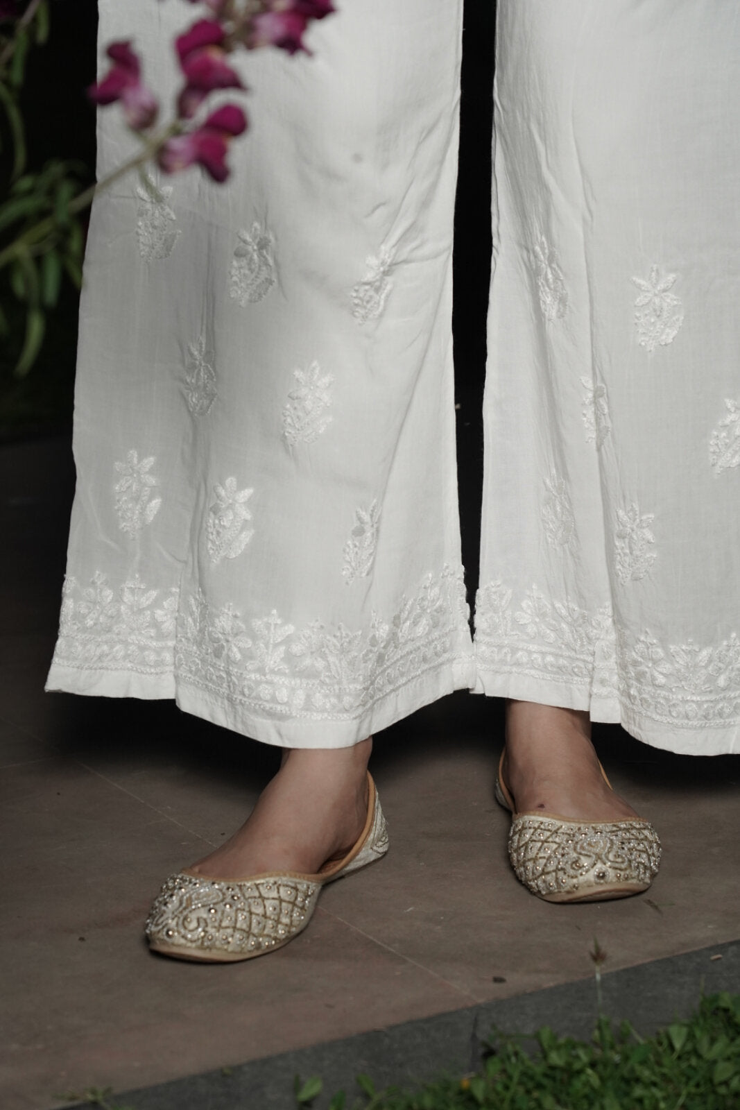 Ishra Modal Chikankari Palazzo - white