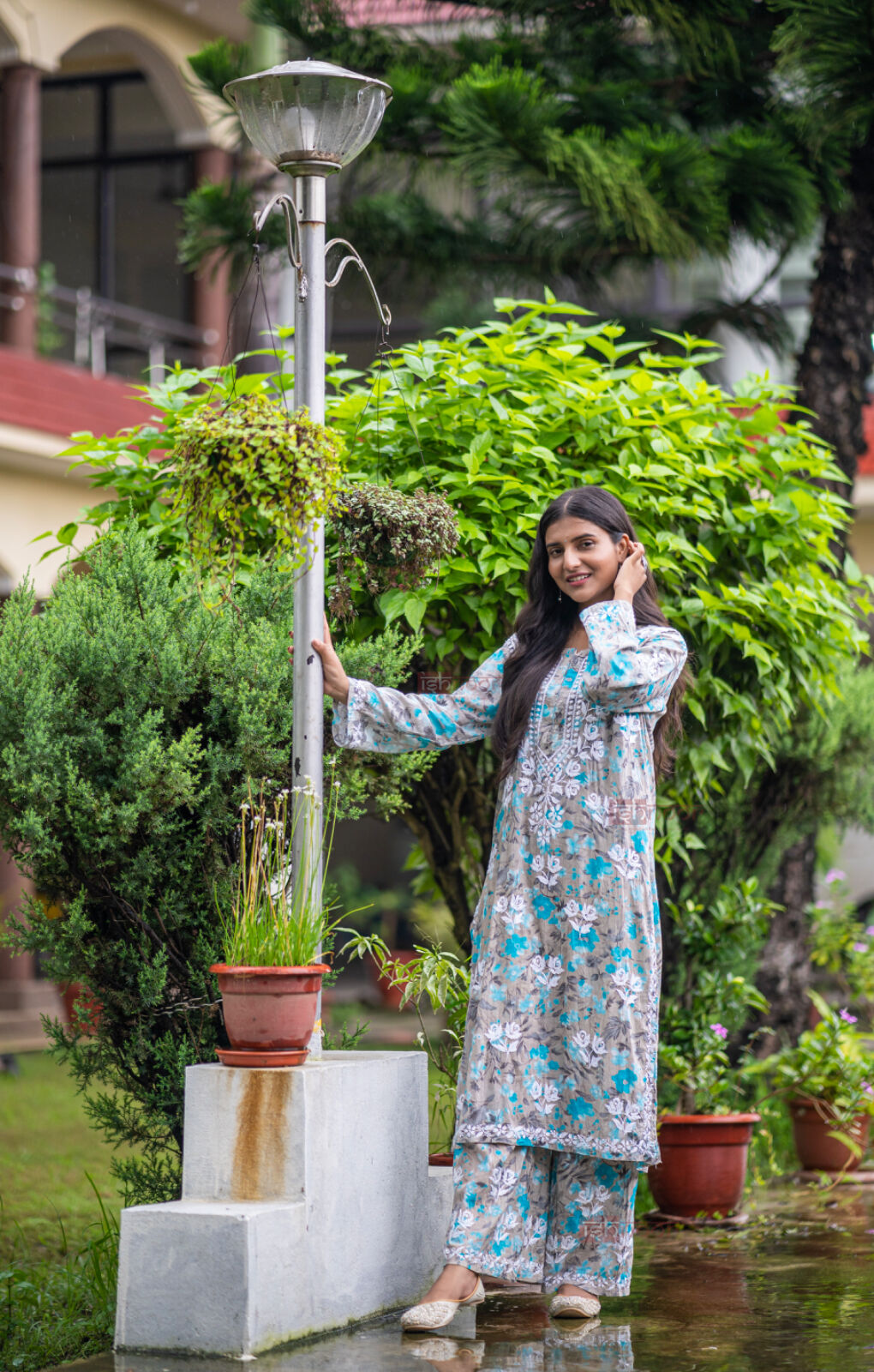 Ishra Chikankari Mul Cotton Kurta Set - slate-blue