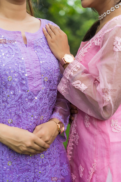 Ishra Premium Organza Chikankari Kurti with Mukaish Work - violet