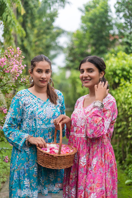 Ishra Mul Cotton Chikankari Angrakha Short Kurti - blush-pink