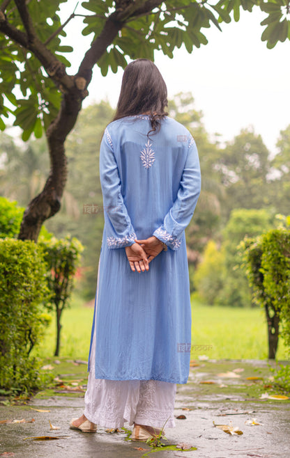 Ishra Premium Modal Chikankari Long Kurti - powder-blue