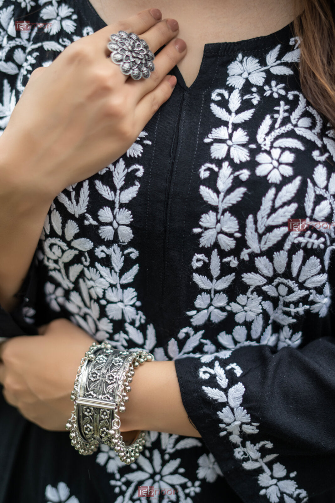 Ishra Premium Rayon Long Chikankari Kurti - black