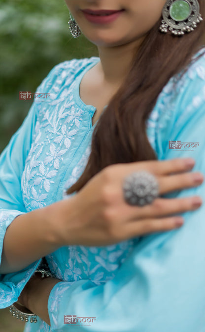 Ishra Premium Rayon Long Chikankari Kurti - sky-blue