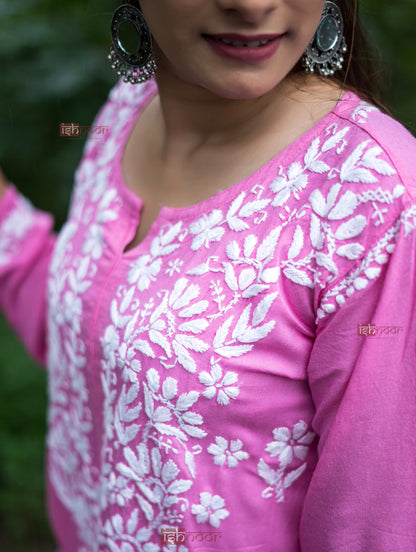 Ishra Premium Rayon Long Chikankari Kurti - blush-pink