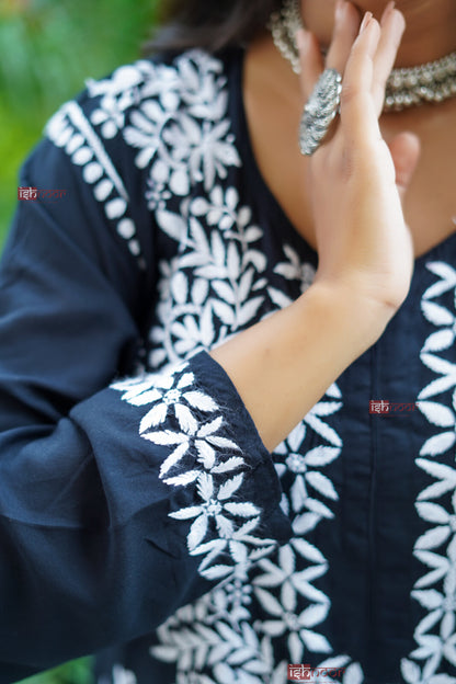 Ishra Modal Straight Chikankari Kurti - black