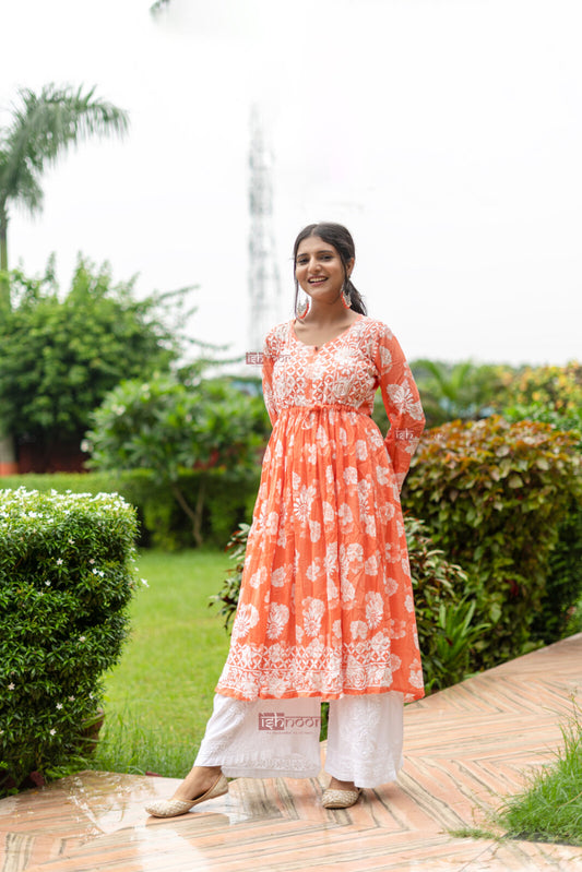 Ishra Angrakha Mul Cotton Chikankari Gown - peach-orange