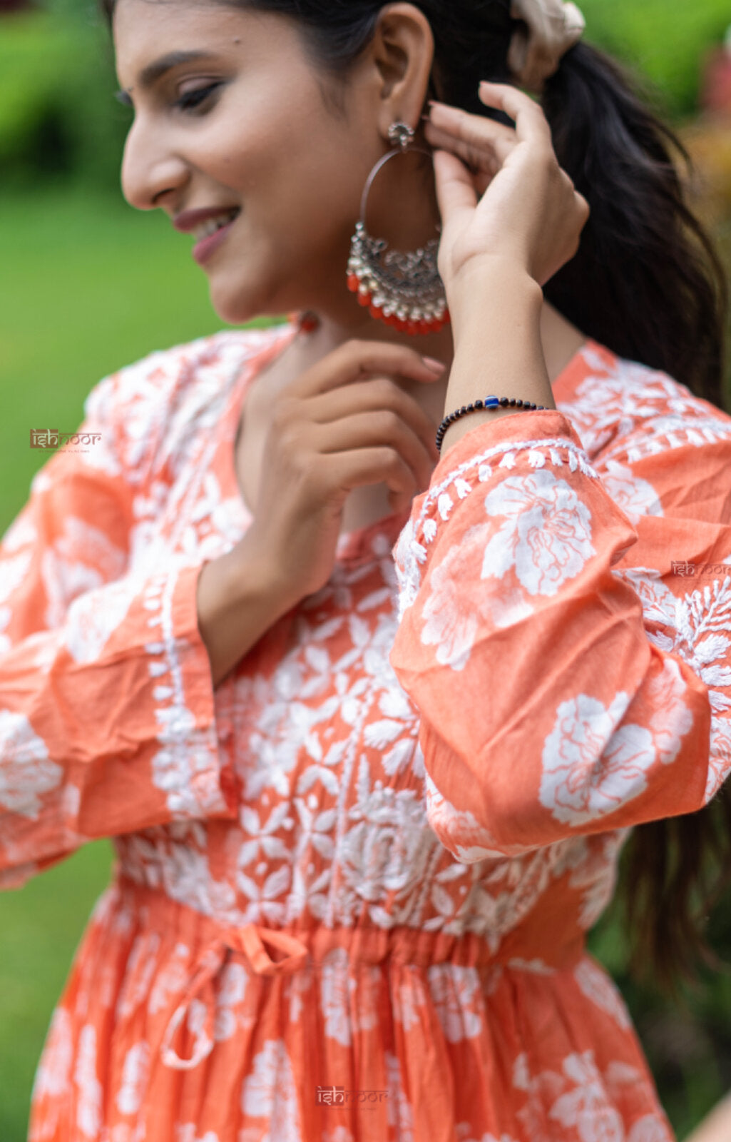 Ishra Angrakha Mul Cotton Chikankari Gown - peach-orange