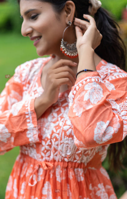 Ishra Angrakha Mul Cotton Chikankari Gown - peach-orange